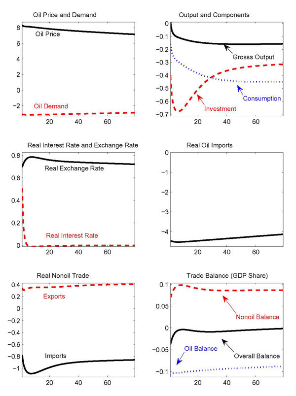 The figure shows responses of the home oil-importing country under our benchmark calibration. The shock reduces foreign oil supply and is scaled at standard deviations. The resulting 8 percent persistent rise in the price of oil induces a fall in home oil demand. Both households and firms substitute away from the more costly oil input. Given an elasticity of oil demand around 0.4, demand drops about 3 percent.

The decline in oil use has effects on gross nonoil output, the expenditure components, and the real interest rate that resemble those of a highly persistent decline in productivity. Lower oil use leads to a fall in the current and future marginal product of capital, causing investment and gross output to fall. In the long term the capital stock also falls. Consumption contracts due to a reduction in household income. The real interest rate falls, notwithstanding a transient initial increase due to habit formation in preferences.

Turning to the implications for the external sector, the drop in domestic oil demand translates into a 4.5 percent fall of real oil imports, as the home country imports about two thirds of its oil use in steady state. Given oil imports amount to about 3 percent of GDP in steady state, the oil balance deteriorates 0.1 percentage point (equal to the drop in imports times its share of GDP, net of the oil price increase).

While the responses of consumption output and investment to the oil supply shock resemble those of a persistent contraction in technology, the exchange rate response does not.\footnoteSS{The benchmark calibration of the trade elasticity around unity implies an appreciation of the real exchange rate in reaction to a persistent contraction in technology.} Since the rational expectations solution requires that the net foreign asset position is bounded away from infinity (conditional on current information), the home country's nonoil balance must improve enough to offset the long-run deterioration in the oil balance, as well as to finance interest payments on the stock of debt accumulated along the transition path. Thus, the exchange rate (the terms of trade track the real exchange rate closely) depreciates, which stimulates home nonoil net exports. As the shock to oil supply leads to a very persistent rise in oil prices, consumption smoothing dictates a quick offset of the deficit from the oil side of the trade balance by a surplus in the nonoil balance. If the offset were delayed, a greater accumulation of debt and related interest rate payments would reduce future consumption inefficiently.