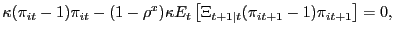 $\displaystyle \kappa(\pi_{it}-1) \pi_{it} - (1-\rho^{x}) \kappa E_{t} \left[ \Xi_{t+1\vert t} (\pi_{it+1}-1) \pi_{it+1}\right] = 0,$