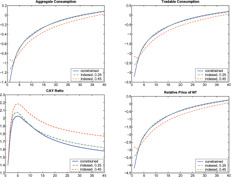 Figure 6 plots the conditional forecasting functions for aggregate consumption, tradable consumption, current account-output ratio, and relative price of nontradables in response to a 1-standard-deviation negative shock. The Solid blue lines plot forecast functions in the frictionless economy, the dashed green lines plot the forecast function in the indexed economy with the degree of indexation 0.25, and dashed red lines plot the forecast functions in indexed economy with the degree of indexation 0.45. This figure suggests that the improvements in tradables consumption are close to 1 percent and 1.8 percent when the degrees of indexation are 0.25 and 0.45, respectively.