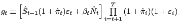 $ g_{t} \equiv\left[ {\hat{S}_{t-1} (1+\hat{\pi}_{t} )\varepsilon_{t} +\beta_{t} \hat{N}_{t} } \right] \prod\limits_{i=t+1}^{T} {(1+\hat{\pi}_{i} )(1+\varepsilon_{i} )} $