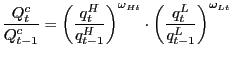 $\displaystyle \frac{Q_{t}^{c}}{Q_{t-1}^{c}}=\left( \frac{q_{t}^{H}}{q_{t-1}^{H}}\right) ^{\omega_{Ht}}\cdot\left( \frac{q_{t}^{L}}{q_{t-1}^{L}}\right) ^{\omega _{Lt}} $