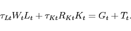 \begin{displaymath} \tau_{Lt} W_t L_t + \tau_{Kt}R_{Kt}K_t = G_t + T_t. \end{displaymath}