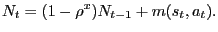 $\displaystyle N_{t} = (1-\rho^{x}) N_{t-1} + m(s_{t}, a_{t}).$