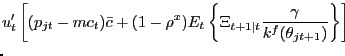 $\displaystyle \lefteqn{u'_{t} \left[ (p_{jt}-mc_{t}) \bar{c} + (1-\rho^{x}) E_{t} \left\{ \Xi_{t+1\vert t} \frac{\gamma}{k^{f}(\theta_{jt+1})}\right\} \right] }$