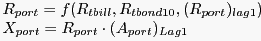 \begin{displaymath}^{\dag } \begin{array}[c]{l} R_{port} =f(R_{tbill} ,R_{tbond10} ,(R_{port} )_{lag1} )\ X_{port} =R_{port} \cdot(A_{port} )_{Lag1}\ \end{array}\end{displaymath}