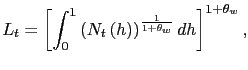 $\displaystyle L_{t}=\left[ \int_{0}^{1}\left( N_{t}\left( h\right) \right) ^{\frac {1}{1+\theta_{w}}}dh\right] ^{1+\theta_{w}},$