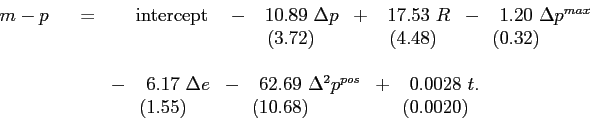 \begin{displaymath}\begin{array}[b]{lll} m-p & \;\;\;= & \;\;\ \begin{array}[t]{c} \mathrm{intercept} \end{array} \;\;-{}{ \begin{array}[t]{c} {10.89}\\ \hspace*{0.08in}(3.72) \end{array} }\hspace*{-0.08in}\Delta p\;\;+{}{ \begin{array}[t]{c} {17.53}\\ \hspace*{0.08in}(4.48) \end{array} }\hspace*{-0.08in}R\;\;-{}{ \begin{array}[t]{c} {1.20}\\ (0.32) \end{array} }\hspace*{-0.08in}\Delta p^{max}\\ & \; & \\ & & -\;{ \begin{array}[t]{c} 6.17\\ (1.55) \end{array} }\hspace*{-0.08in}\Delta e\;\;-{}{ \begin{array}[t]{c} {62.69}\\ (10.68) \end{array} }\hspace*{-0.08in}\Delta^{2}p^{pos}\;\;+{}{ \begin{array}[t]{c} 0.0028\\ (0.0020) \end{array} }\hspace*{-0.08in}t. \end{array}\end{displaymath}