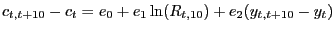 $ c_{t,t+10} -c_{t} =e_{0} +e_{1} \ln(R_{t,10} )+e_{2} (y_{t,t+10} -y_{t} )$