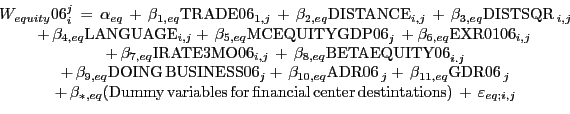\begin{displaymath} \begin{array}[c]{c} W_{equity} 06_{i}^{j} \,=\,\alpha_{eq} \,+\,\beta_{1,eq} \mbox{TRADE06}_{1,j} \,+\,\beta_{2,eq} \mbox{DISTANCE}_{i,j} \,+\,\beta_{3,eq} \mbox{DISTSQR}\,_{i,j}\ +\,\beta_{4,eq} \mbox{LANGUAGE}_{i,j} +\,\beta_{5,eq} \mbox{MCEQUITYGDP06}_{j} \,+\beta_{6,eq} \mbox{EXR0106}_{i,j} \,\ +\,\beta_{7,eq} \mbox{IRATE3MO06}_{i,j} \,+\,\beta_{8,eq} \mbox{BETAEQUITY06}_{i.j}\ +\,\beta_{9,eq} \mbox{DOING}\,\mbox{BUSINESS06}_{j} +\,\beta_{10,eq} \mbox{ADR06}\,_{j} +\,\beta_{11,eq} \mbox{GDR06}\,_{j}\ +\,\beta_{\ast}_{,eq} \mbox{(Dummy}\,\mbox{variables}\,\mbox{for}\,\mbox{financial}\,\mbox{center}\,\mbox{destintations)}\,+\,\varepsilon _{eq;i,j}\ \end{array}\end{displaymath}