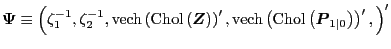 $\displaystyle \boldsymbol{\Psi} \equiv\left( \zeta_{1}^{-1},\zeta_{2}^{-1},\text{vech} \left( \text{Chol}\left( \boldsymbol{Z}\right) \right) ^{\prime },\text{vech}\left( \text{Chol}\left( \boldsymbol{P}_{1\vert}\right) \right) ^{\prime},\right) ^{\prime} $