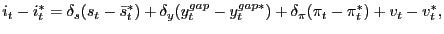 $\displaystyle i_t-i_t^\ast=\delta_s(s_t-\bar{s}_t^\ast)+\delta_y(y_t^{gap}-y_t^{gap\ast })+\delta_\pi(\pi_t-\pi_t^{\ast})+v_t-v_t^\ast,$