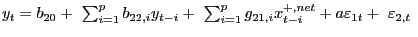 $ y_{t} =b_{20}+\ \sum^{p}_{i=1}{b_{22,i}y_{t-i}+\ \sum^{p}_{i=1}{g_{21,i} x^{+,net}_{t-i}+a{\varepsilon}_{1t}+\ {\varepsilon}_{2,t}}\ }$