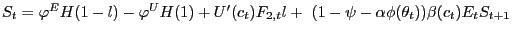 $ S_{t}=\varphi^{E}H(1-l)-\varphi^{U}H(1)+U^{\prime}(c_{t})F_{2,t} l+\ (1-\psi-\alpha \phi(\theta_{t}))\beta(c_{t})E_{t}S_{t+1}$