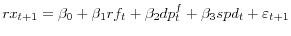 \displaystyle rx_{t+1}=\beta_{0}+\beta_{1}rf_{t}+\beta_{2}dp_{t}^{f}+\beta_{3}% spd_{t}+\varepsilon_{t+1}% 