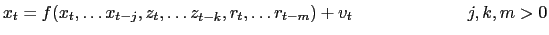 LaTex Encoded Math: \displaystyle x_{t}=f(x_{t},\ldots x_{t-j},z_{t},\ldots z_{t-k},r_{t},\ldots r_{t-m}% )+v_{t}\hspace{1in}j,k,m>0