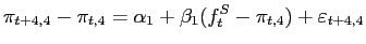 $\displaystyle \pi_{t+4,4} - \pi_{t,4} = \alpha_1 + \beta_1(f_t^S - \pi_{t,4}) + \varepsilon_{t+4,4} $