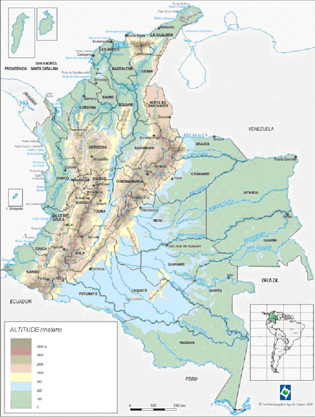 Figure 4 is a map of Colombia that divides its territory into 32 departments.  (Appendix Table 3 contains a full list of Colombia&rsquo;s departments.)  The map illustrates that the Andes range crosses the country roughly along its north-south axis, dividing the country into four areas:  two low-altitude areas on the seacoasts of the Pacific Ocean and the Caribbean Sea; one high-altitude region on the Andes Mountains from the southwestern limit with Ecuador to the northeastern limit with Venezuela; and one low-altitude region of tropical rain forests close to the basins of the Amazon and Orinoco rivers.  The most populous cities in Colombia are located in the Andean region and the Caribbean seacoast.  For the statistical analysis in the paper, we exclude the archipelago of San Andres-Providencia on the Caribbean Sea, and we consider the capital district of Bogota as a separate department.  