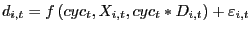 d_{i,t} =f\left( {cyc_t ,X_{i,t} ,cyc_t \ast D_{i,t} } \right)+\varepsilon _{i,t} 