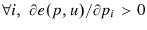  \forall i,\;\partial e(p,u)/\partial p_{i}>0