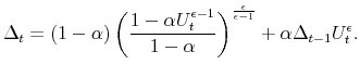 \displaystyle \Delta_{t}=\left( 1-\alpha\right) \left( \frac{1-\alpha U_{t}^{\epsilon-1}% }{1-\alpha}\right) ^{\frac{\epsilon}{\epsilon-1}}+\alpha\Delta_{t-1}% U_{t}^{\epsilon}.% 
