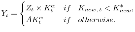 \displaystyle Y_t = \begin{cases}Z_t \times K_t^\alpha & if \;\;\; K_{new, \: t} < K_{new}^* , \\ A K_t^\alpha & if \;\;\; otherwise . \end{cases}