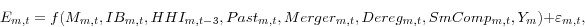 \begin{displaymath} E_{m,t} =f(M_{m,t} ,IB_{m,t} ,HHI_{m,t-3} ,Past_{m,t} ,Merger_{m,t} ,Dereg_{m,t} ,SmComp_{m,t} ,Y_m )+\varepsilon _{m,t} , \end{displaymath}