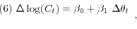 \begin{displaymath} \begin{array}{l} \mbox{(6) }\Delta \log (C_t )=\beta _0 +\beta _1 \mbox{ }\Delta \theta _t \ \ \end{array}, \end{displaymath}