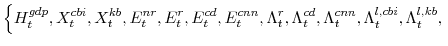 \displaystyle \left\{H^{gdp}_{t}, X^{cbi}_{t},X^{kb}_{t}, E^{nr}_{t},E^{r}_{t},E^{cd}_{t},E^{cnn}_{t}, \Lambda^{r}_{t},\Lambda^{cd}_{t},\Lambda^{cnn}_{t}, \Lambda^{l,cbi}_{t},\Lambda^{l,kb}_{t}, \right.