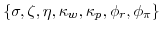  \{ \sigma, \zeta, \eta, \kappa_{w}, \kappa_{p}, \phi_{r}, \phi_{\pi} \}