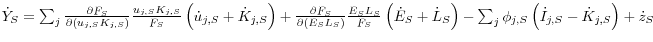 \dot {Y}_S = \sum\nolimits_j {\frac{\partial F_S }{\partial (u_{j,S} K_{j,S} )}\frac{u_{j,S} K_{j,S} }{F_S }\left( {\dot {u}_{j,S} +\dot {K}_{j,S} } \right)} +\frac{\partial F_S }{\partial (E_S L_S )}\frac{E_S L_S }{F_S }\left( {\dot {E}_S +\dot {L}_S } \right) -\sum\nolimits_j {\phi _{j,S} \left( {\dot {I}_{j,S} -\dot {K}_{j,S} } \right)} + \dot {z}_S {\kern 1pt}{\kern 1pt}{\kern 1pt}{\kern 1pt}{\kern 1pt}
