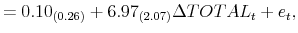 \displaystyle = 0.10_{(0.26)} + 6.97_{(2.07)}\Delta TOTAL_{t} +e_{t},% 