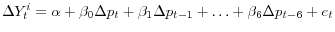  \Delta Y^{i}_t = \alpha + \beta_0 \Delta p_t + \beta_1 \Delta p_{t-1} + \ldots + \beta_6 \Delta p_{t-6} + e_t