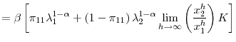 \displaystyle =\beta\left[ \pi_{11}\lambda_{1}^{1-\alpha}+\left( 1-\pi_{11}\right) \lambda_{2}^{1-\alpha}\lim_{h\rightarrow\infty}\left( \frac{x_{2}^{h}}% {x_{1}^{h}}\right) K\right]