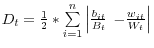 D_t =\frac{1}{2}\ast \sum\limits_{i=1}^n {\left\vert {\frac{b_{it} }{B_t }} \right.} \left. {-\frac{w_{it} }{W_t }} \right\vert