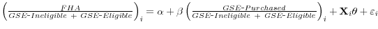 \left( {\frac{FHA}{GSE\mbox{-}Ineligible\mbox{ }+\mbox{ }GSE\mbox{-}Eligible}} \right)_{i} =\alpha +\beta \left( {\frac{GSE\mbox{-} Purchased}{GSE\mbox{-}Ineligible\mbox{ }+\mbox{ }GSE\mbox{-}Eligible}} \right)_{i} +\mathrm{\mathbf{X}}_{i} \mathrm{\mathbf{ \theta }}+\varepsilon_{i} 