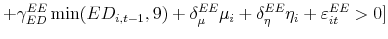 \displaystyle +\gamma _{ED}^{EE}\min (ED_{i,t-1},9)+\delta _{\mu }^{EE}\mu _{i}+\delta _{\eta }^{EE}\eta _{i}+\varepsilon _{it}^{EE}>0]