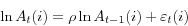 \begin{displaymath} \ln A_t (i)=\rho \ln A_{t-1} (i)+\varepsilon _t (i) \end{displaymath}