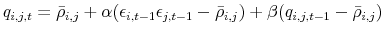 \displaystyle q_{i,j,t} = \bar{\rho}_{i,j} + \alpha (\epsilon_{i,t-1} \epsilon_{j,t-1} - \bar{\rho}_{i,j}) + \beta(q_{i,j,t-1}-\bar{\rho}_{i,j}) 