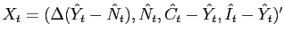 $ X_{t} = (\Delta(\hat{Y}_{t}-\hat{N}_{t}),\hat{N}_{t},\hat{C}_{t}-\hat{Y}_{t}, \hat{I}_{t}-\hat{Y}_{t})^{\prime}$