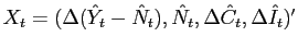 $ X_{t} = (\Delta(\hat{Y}_{t}-\hat{N}_{t}),\hat{N}_{t},\Delta\hat{C}_{t},\Delta\hat{I}_{t})^{\prime}$
