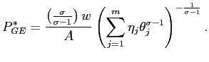 $\displaystyle P_{GE}^{\ast}=\frac{\left( \frac{\sigma}{\sigma-1}\right) w}{A}\left( \sum_{j=1}^{m}\eta_{j}\theta_{j}^{\sigma-1}\right) ^{-\frac{1}{\sigma-1}}. $