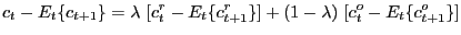 $\displaystyle c_{t}-E_{t}\{c_{t+1}\}=\lambda\ [c_{t}^{r}-E_{t}\{c_{t+1}^{r}\}]+(1-\lambda )\ [c_{t}^{o}-E_{t}\{c_{t+1}^{o}\}] $