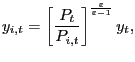 $\displaystyle y_{i,t}=\left[ \frac{P_{t}}{P_{i,t}}\right] ^{\frac{\varepsilon} {\varepsilon-1}}y_{t},$