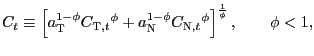 $\displaystyle C_{t}\equiv\left[ a_{\text{\textsc{T}}}^{1-\phi}C_{\text{\textsc{T}},t} {}^{\phi}+a_{\text{\textsc{N}}}^{1-\phi}C_{\text{\textsc{N}},t}{}^{\phi }\right] ^{\frac{1 }{\phi}},\qquad\phi<1\text{,}$