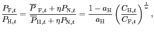 $\displaystyle \frac{P_{\text{\textsc{F}},t}}{P_{\text{\textsc{H}},t}}=\frac{\overline {P}_{\text{ \textsc{F}},t}+\eta P_{\text{\textsc{N}},t}}{\overline {P}_{\text{\textsc{H}},t}+\eta P_{\text{\textsc{N}},t}}=\frac {1-a_{\text{\textsc{H}}}}{a_{\text{\textsc{H}}}}\left( \frac {C_{\text{\textsc{H}},t}}{C_{\text{\textsc{F}},t}}\right) ^{\frac{1}{\omega} },$