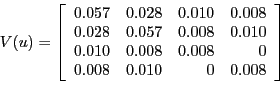 \begin{displaymath}V(u)=\left[ \begin{array}[c]{rrrr} 0.057 & 0.028 & 0.010 & 0.008\ 0.028 & 0.057 & 0.008 & 0.010\ 0.010 & 0.008 & 0.008 & 0\ 0.008 & 0.010 & 0 & 0.008 \end{array}\right] \end{displaymath}