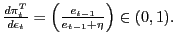 $ \frac{d\pi_{t}^{T}}{d\epsilon_{t}}=\left( \frac{e_{t-1}}{e_{t-1}+\eta}\right) \in(0,1).$