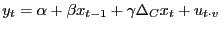 $\displaystyle y_{t}=\alpha+\beta x_{t-1}+\gamma\Delta_{C}x_{t}+u_{t\cdot v}$