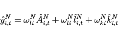 \begin{eqnarray*} \hat{y}_{i,t}^{N}=\omega _{li}^{N}\hat{A}_{i,t}^{N}+\omega _{li}^{N}\hat{ l}_{i,t}^{N}+\omega _{ki}^{N}\hat{k}_{i,t}^{N} \end{eqnarray*}
