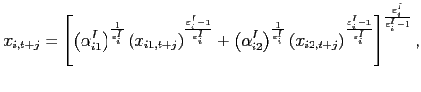 $\displaystyle x_{i,t+j}=\left[ \left( \alpha _{i1}^{I}\right) ^{\frac{1}{\varepsilon_{i} ^{I}} }\left( x_{i1,t+j}\right) ^{\frac{\varepsilon_{i} ^{I}-1}{\varepsilon_{i} ^{I}} }+\left( \alpha _{i2}^{I}\right) ^{\frac{1}{\varepsilon_{i} ^{I}}}\left( x_{i2,t+j}\right) ^{\frac{\varepsilon_{i} ^{I}-1}{\varepsilon_{i} ^{I}}}\right] ^{ \frac{\varepsilon_{i} ^{I}}{\varepsilon_{i} ^{I}-1}},$